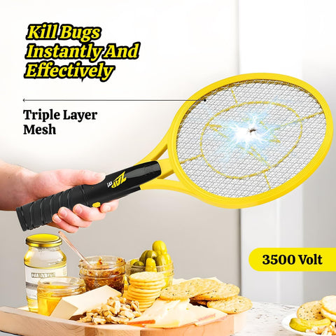 ZAP IT! Battery Powered Fly Swatter Racket - 3,500-Volt Mosquito Zapper with 2 AA Batteries Included and LED Light -Medium- Safe 3-Layer Mesh, Dark Yellow, Bug Zapper Racquet for Indoors and Outdoors