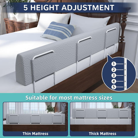 FigTime Bed Bumper for Toddlers, Foam Bed Rail for Toddlers, Toddler Bed Rail Bumper, Soft Safety Bed Guard Rail for Kids, Bed Side Rail for Twin, Full, Queen & King Beds (Grey, 51", 3-Bracket)