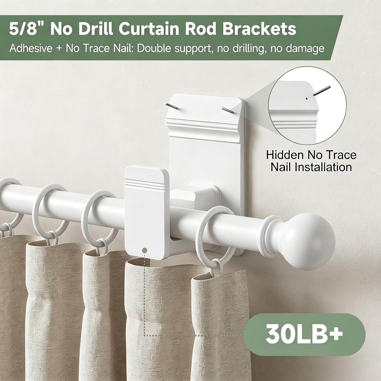 EKOTTOK No Drill Curtain Rod Brackets for 5/8" Rod, Heavy Duty 30LB+, Adhesive & Invisible Nail Curtain Rod Holders, Damage-Free Wall Mount Hooks for Bathroom, Kitchen, Bedroom (8PC, White)