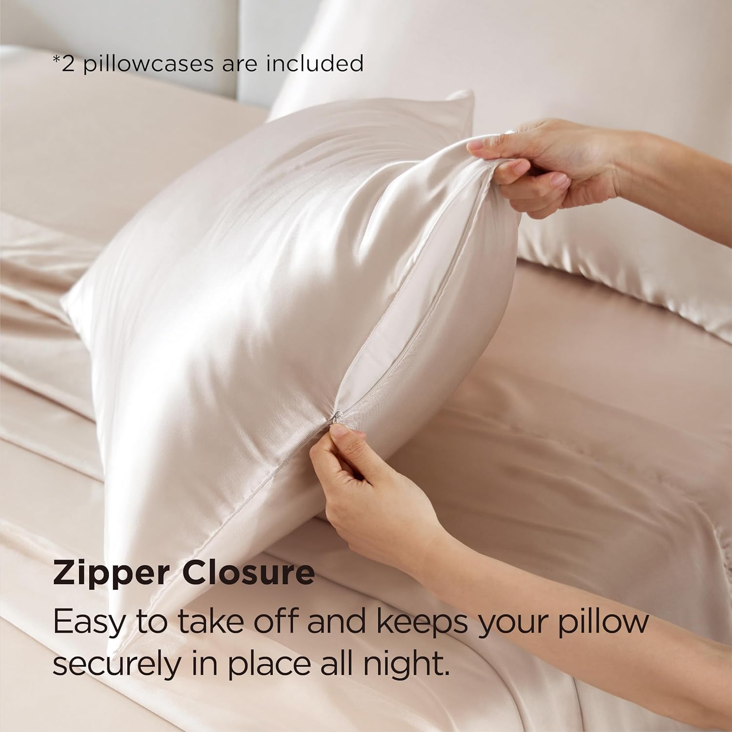 Bedsure Satin Pillowcase with Zipper, Similar to Silk Pillow Cases 2 Pack, Beige Standard Size Satin Pillow Case, Silky & Soft Pillow Covers, Valentines Day Gifts for Women Men, 20x26 Inches