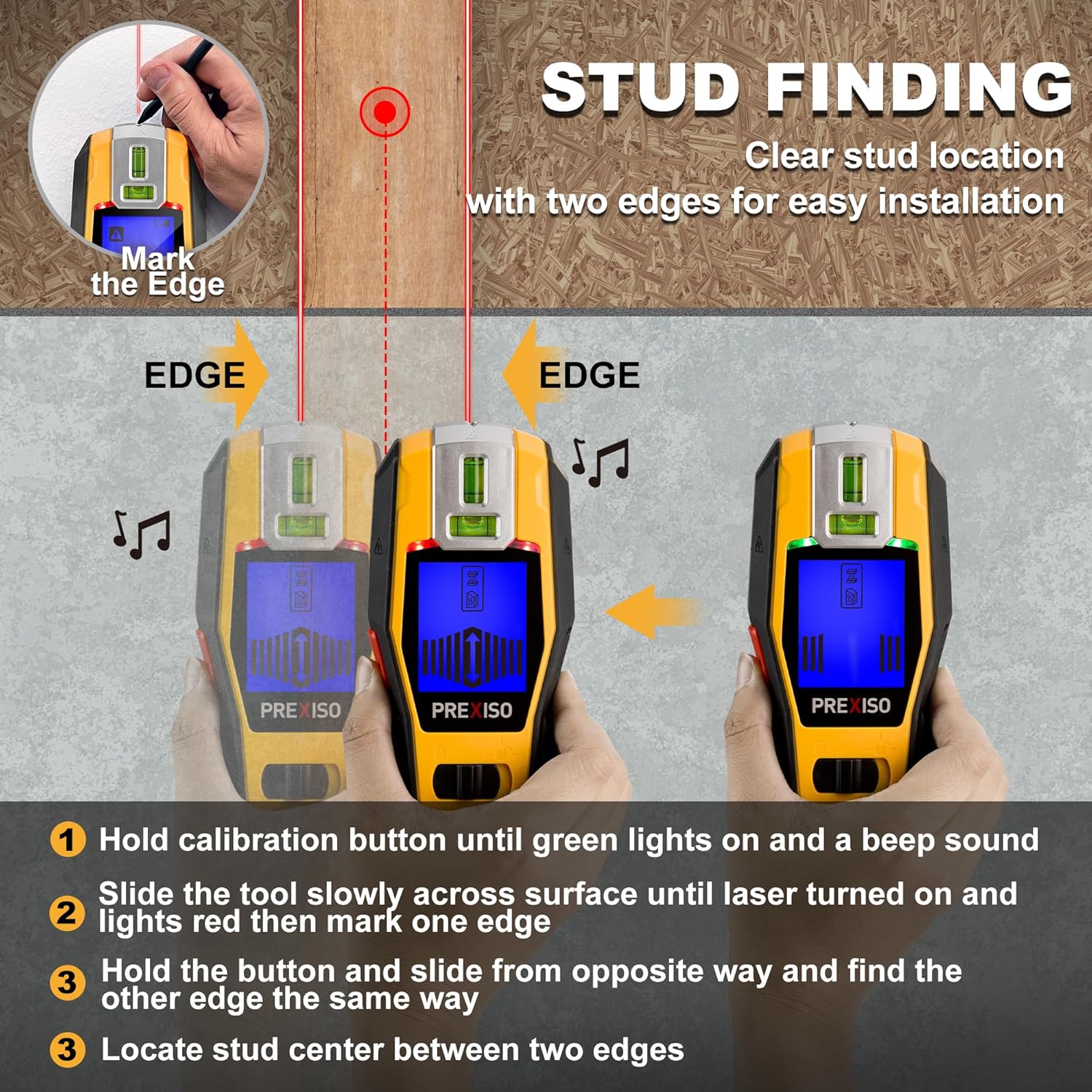 PREXISO 2-in-1 Stud Finder with Laser Level, Rechargeable Cross Line Laser
