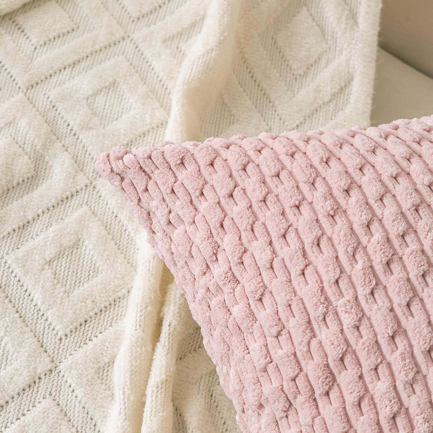 Set of 4 Pink Beige White Decorative Throw Pillow Covers 18x18 Inch Corduroy Pillow Covers for Bed Couch Sofa Living Room Soft Square Cushion Cases
