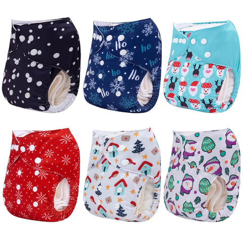 ALVABABY Christmas Baby Cloth Diaper 6 Pack with 12 Inserts One Size Cloth Diaper Covers Adjustable Washable Reusable for Baby Girls and Boys