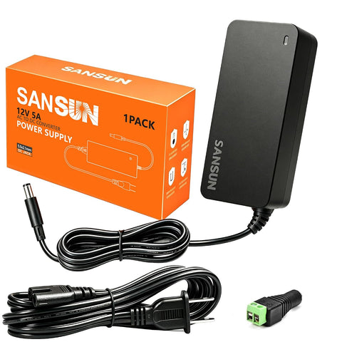 12V 5A Power Supply, AC 120V to DC12V 5.5x2.1mm Jack Converter, 12 Volt LED Driver 60W Adapter Transformer for Strip Lights, Surveillance Cameras, External HDD, Monitor, CCTV (Pack of 1)