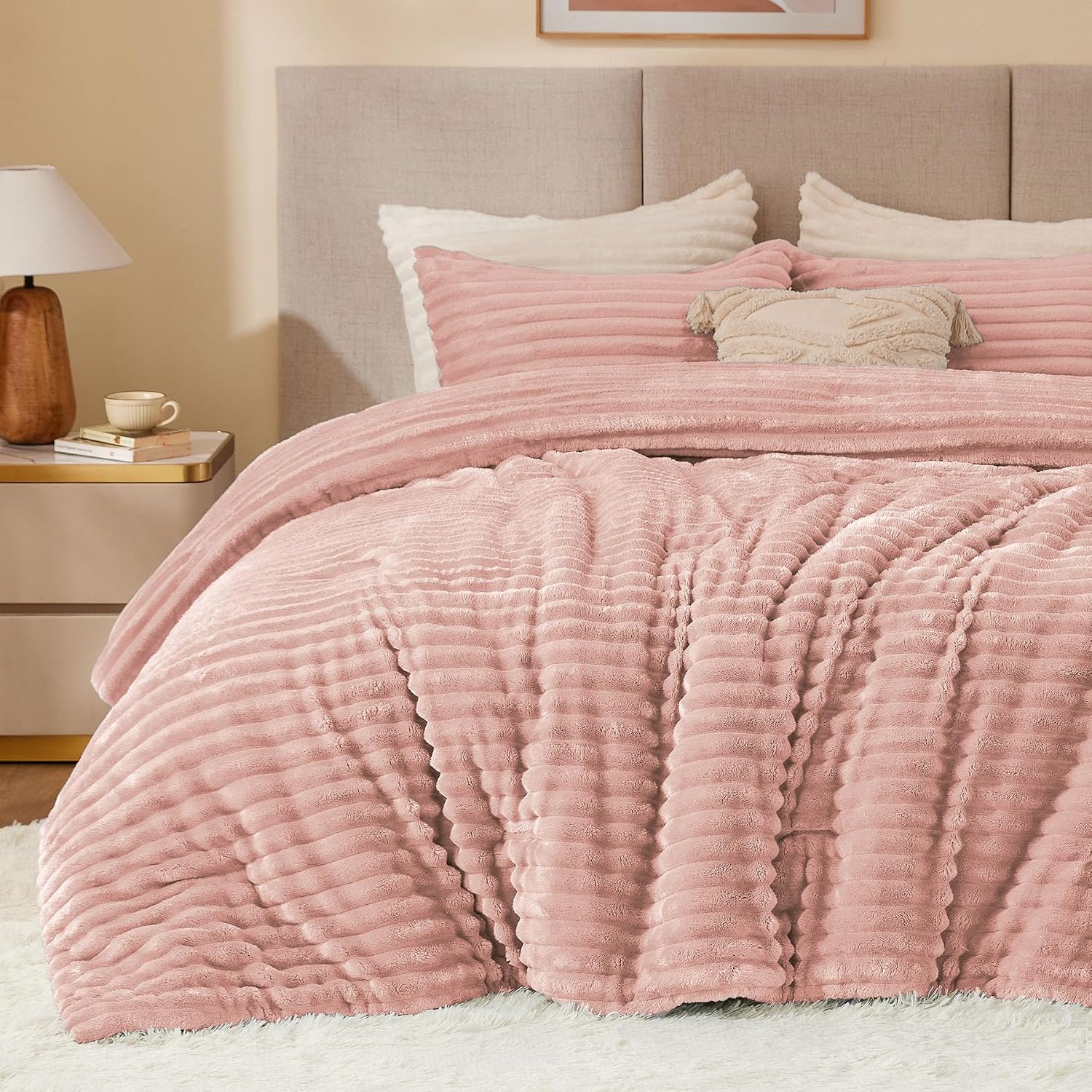 BEDELITE Fleece Twin/Twin XL Comforter Set, Fluffy Bed Set, Dusty Pink