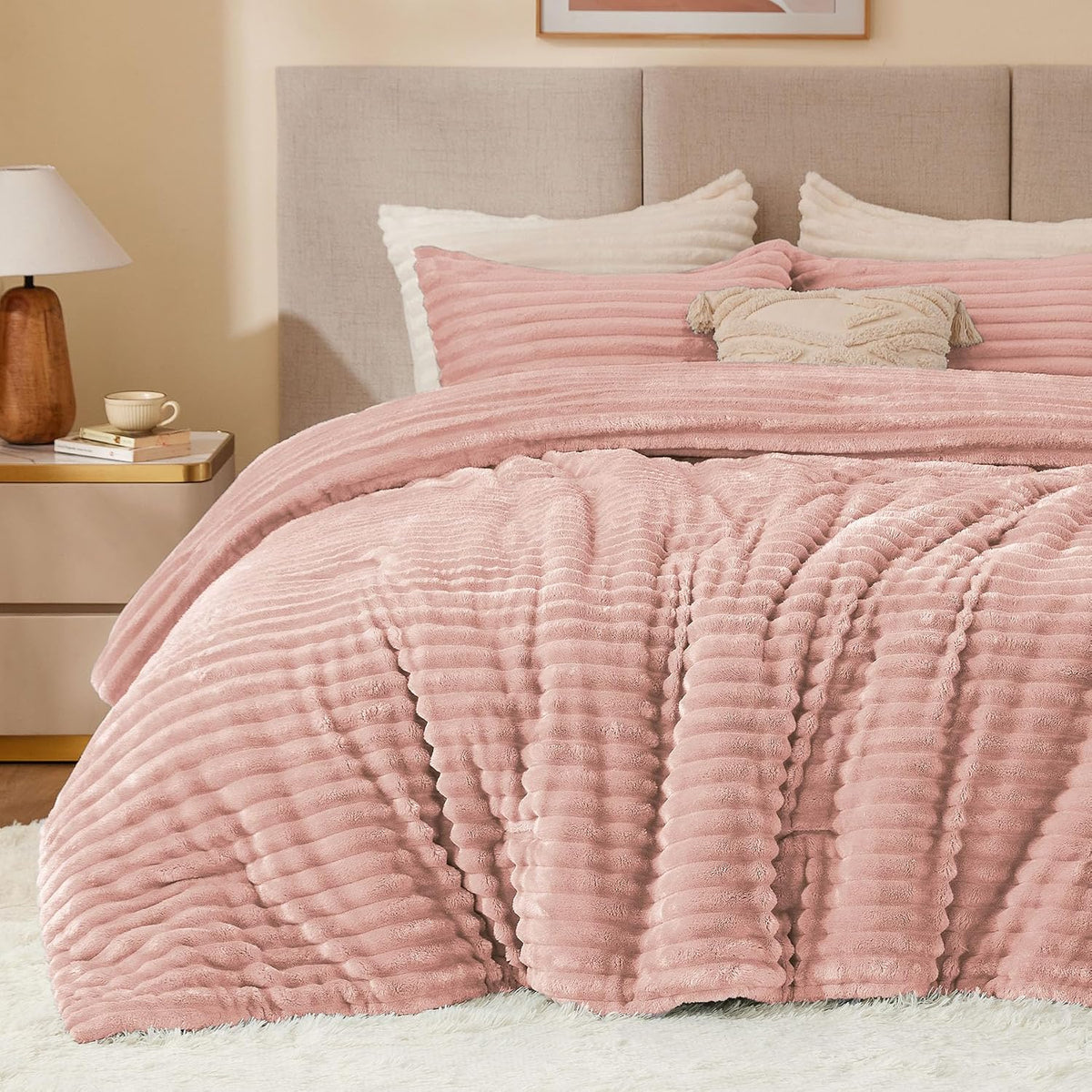 BEDELITE Fleece Twin/Twin XL Comforter Set, Fluffy Bed Set, Dusty Pink
