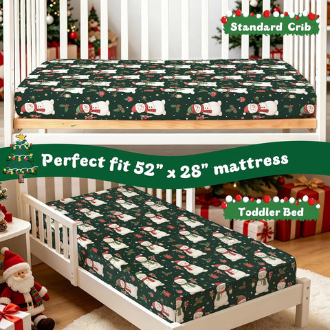 JISEN Christmas Fitted Crib Sheets for Boys Girls 52x28 Inch Snowman Green