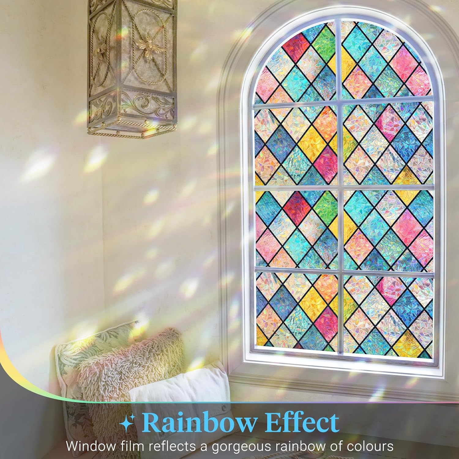 Haton Stained Glass Window Film, Rainbow Lattice Stickers, 29.5" x 157.4"