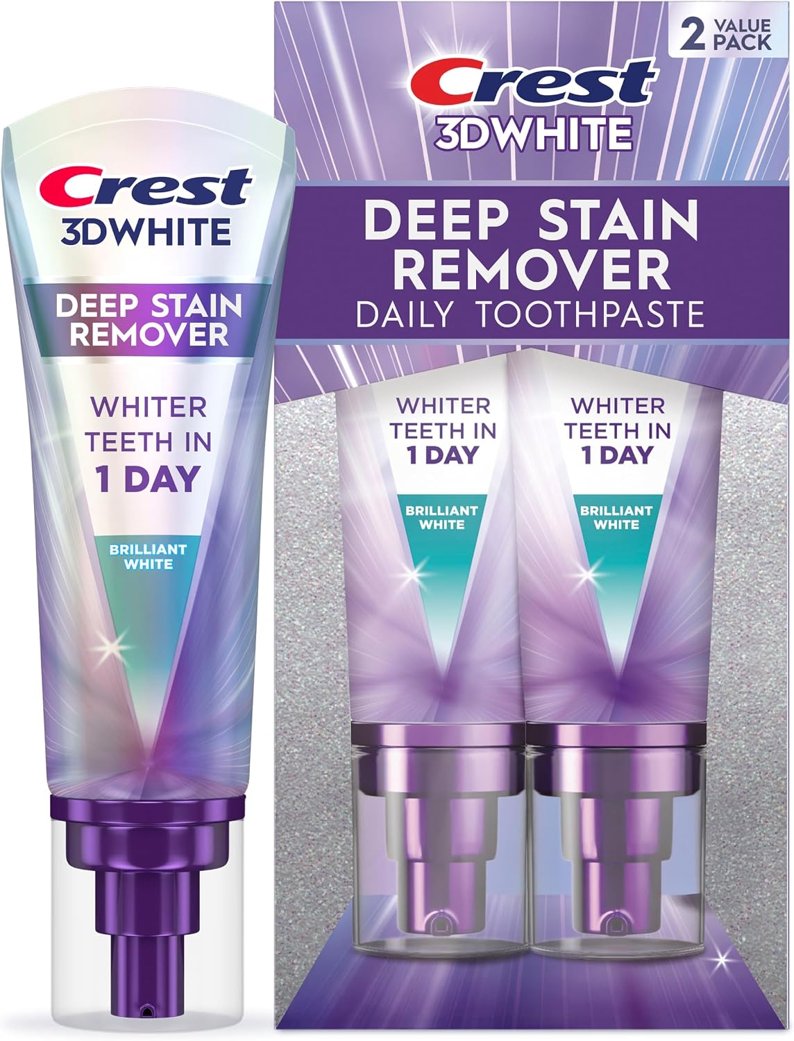Crest 3D White Deep Stain Remover Toothpaste, Teeth whitening for Adults, 3.1oz, 2 Pack, Sensitivity Safe, Enamel Repair, Cavity Protection, Fluoride Toothpaste, Travel Size Toiletries