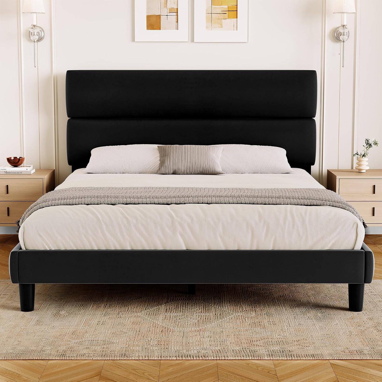 GRUSIGN Queen Size Platform Bed Frame with Velvet Headboard, Adjustable Height Wooden Slats Support, Upholstered Mattress Foundation, Fits Mattress or Mattress with Box Spring, Easy Assembly, Black