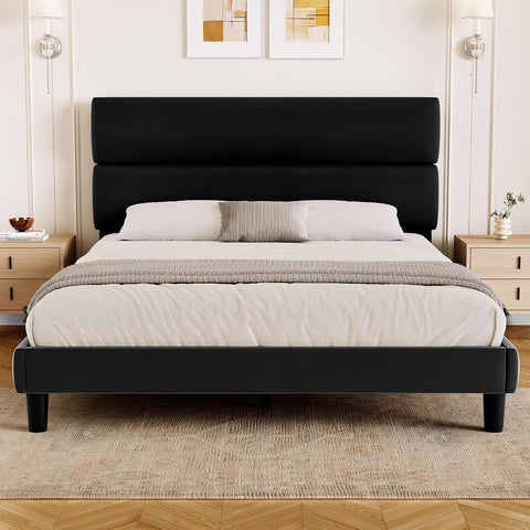 GRUSIGN Queen Size Platform Bed Frame with Velvet Headboard, Adjustable Height Wooden Slats Support, Upholstered Mattress Foundation, Fits Mattress or Mattress with Box Spring, Easy Assembly, Black