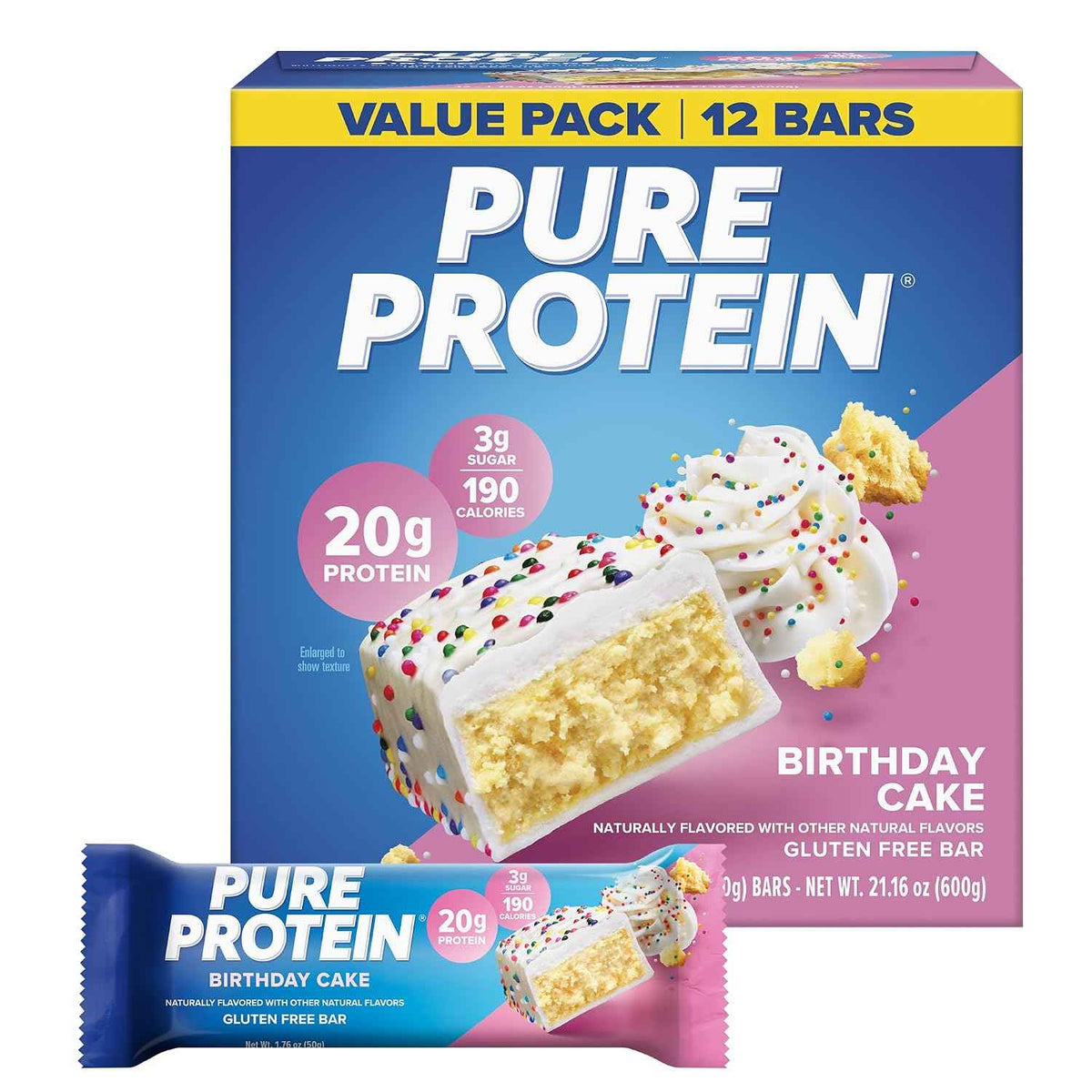 Pure Protein Birthday Cake Protein Bars, 20g Protein, Gluten Free, 12 Ct | 3g Sugar, 190 Calories, Low Sugar* High Protein Snack