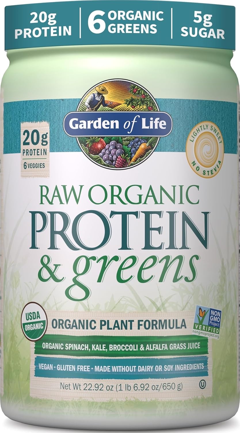 Garden of Life Raw Organic Protein & Greens Lightly Sweet, Vegan Protein Powder for Women and Men, Plant and Pea Protein, Greens, Probiotics, Gluten Free Low Carb Shake Made Without Dairy 20 Servings