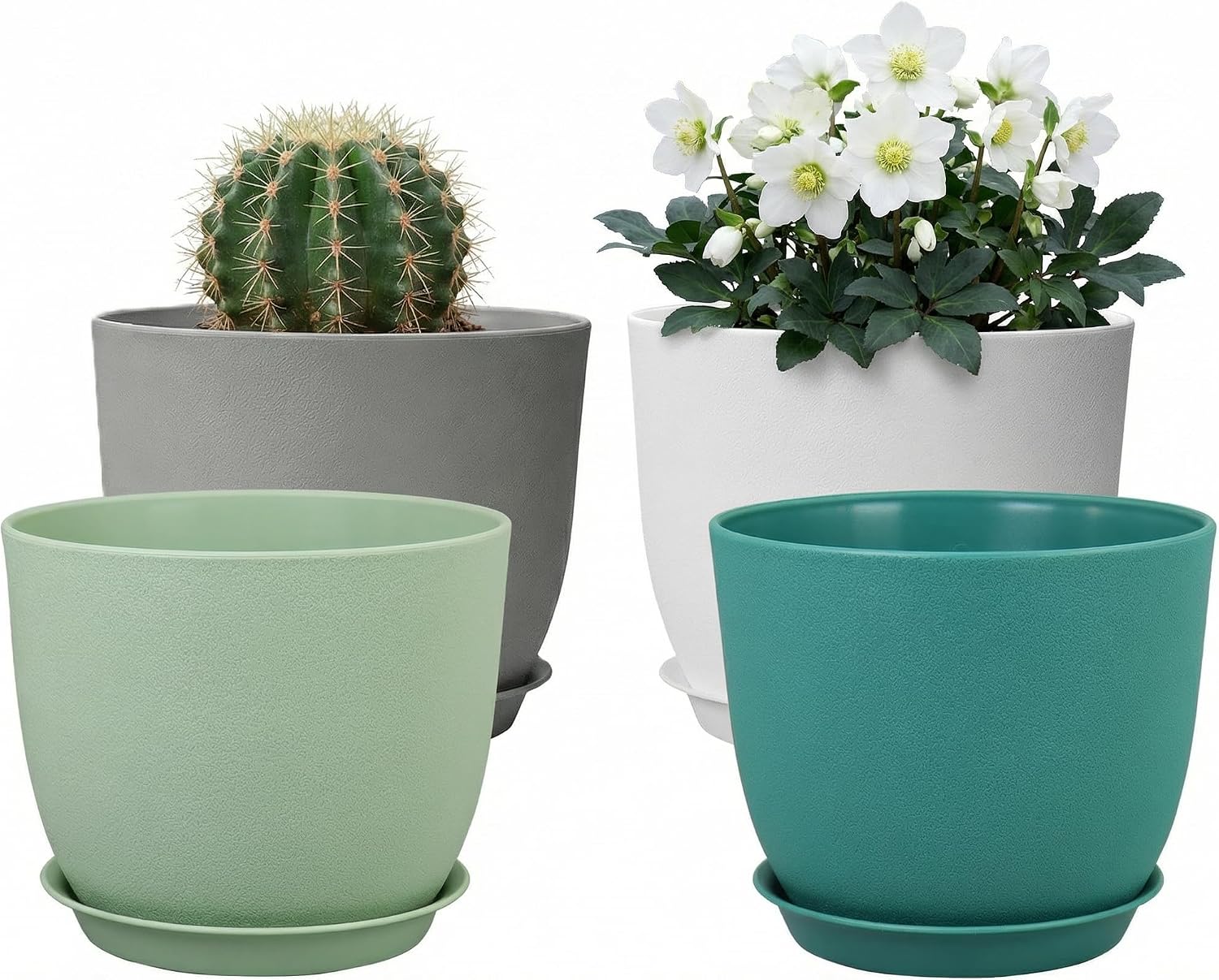 8 Inch Plant Pots Set of 4, Plastic Planters with Drainage Holes and Tray, Flower Pots for Indoor Outdoor Plants and Flowers (Multicolor)