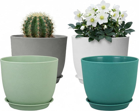 8 Inch Plant Pots Set of 4, Plastic Planters with Drainage Holes and Tray, Flower Pots for Indoor Outdoor Plants and Flowers (Multicolor)