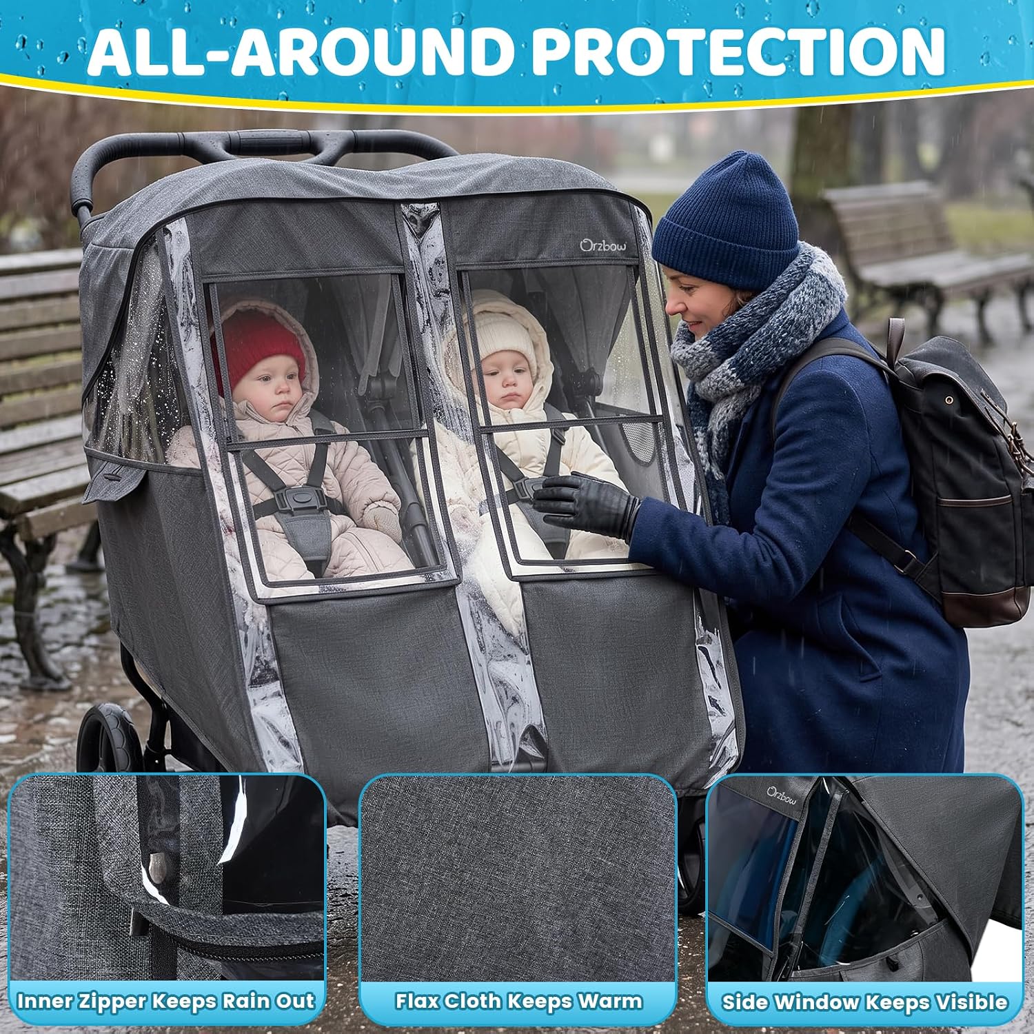 Universal Double Stroller Rain Cover, Easy Access, Durable, Gray