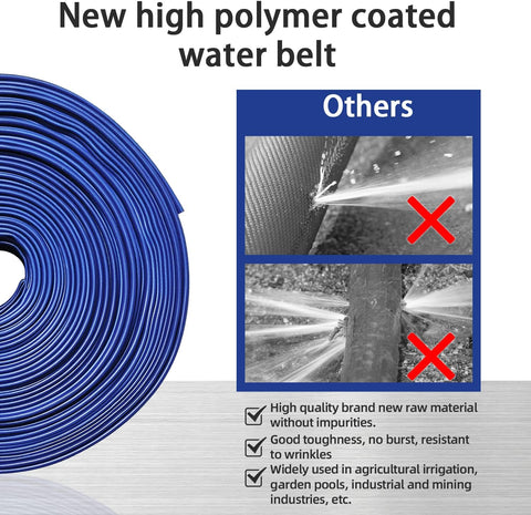 YASHINE PVC HOSE 1-1/2"*50ft, Pool Backwash Hose, Heavy Duty Reinforced Blue PVC Discharge Hose Lay Flat Water, For Swimming Drain Pools and Clean Filters, with 2 Clamp