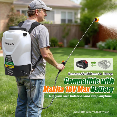 VAXMAY Backpack Sprayer 4.2 Gallon Battery Powered, 100 PSI Electric Garden Sprayer Works with Makita 18V Battery, Weed Lawn Yard Sprayer with 42" Telescopic Wand, 5 Nozzles, 2.5Ah Battery & Charger