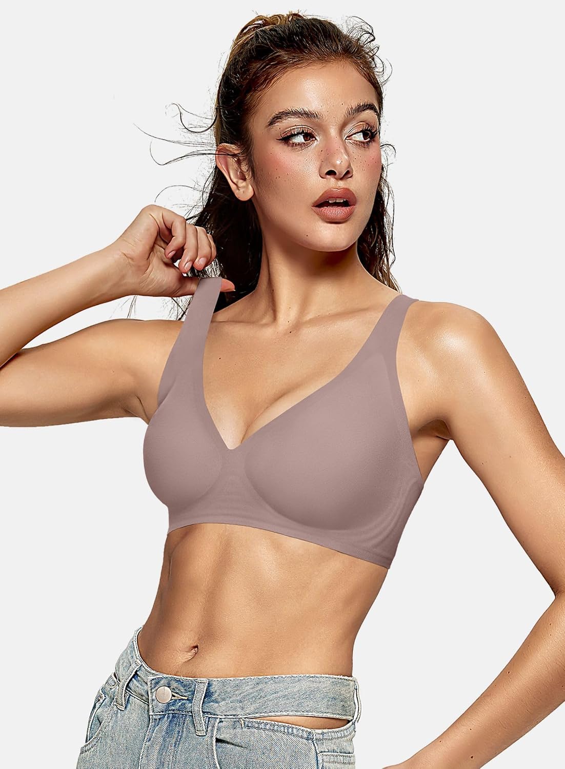OEAK Womens Jelly Bras Wireless Deep V Comfy Push Up Tshirt Bras M Grey