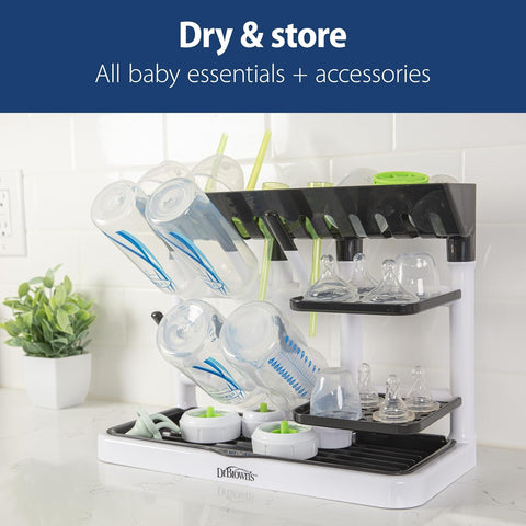 Dr. Brown's Drying Tower, Stand-Up Drying Rack, Countertop Baby Bottle Drying with Organized Storage for Baby Essentials, Space Saving Vertical Rack, Blue/White