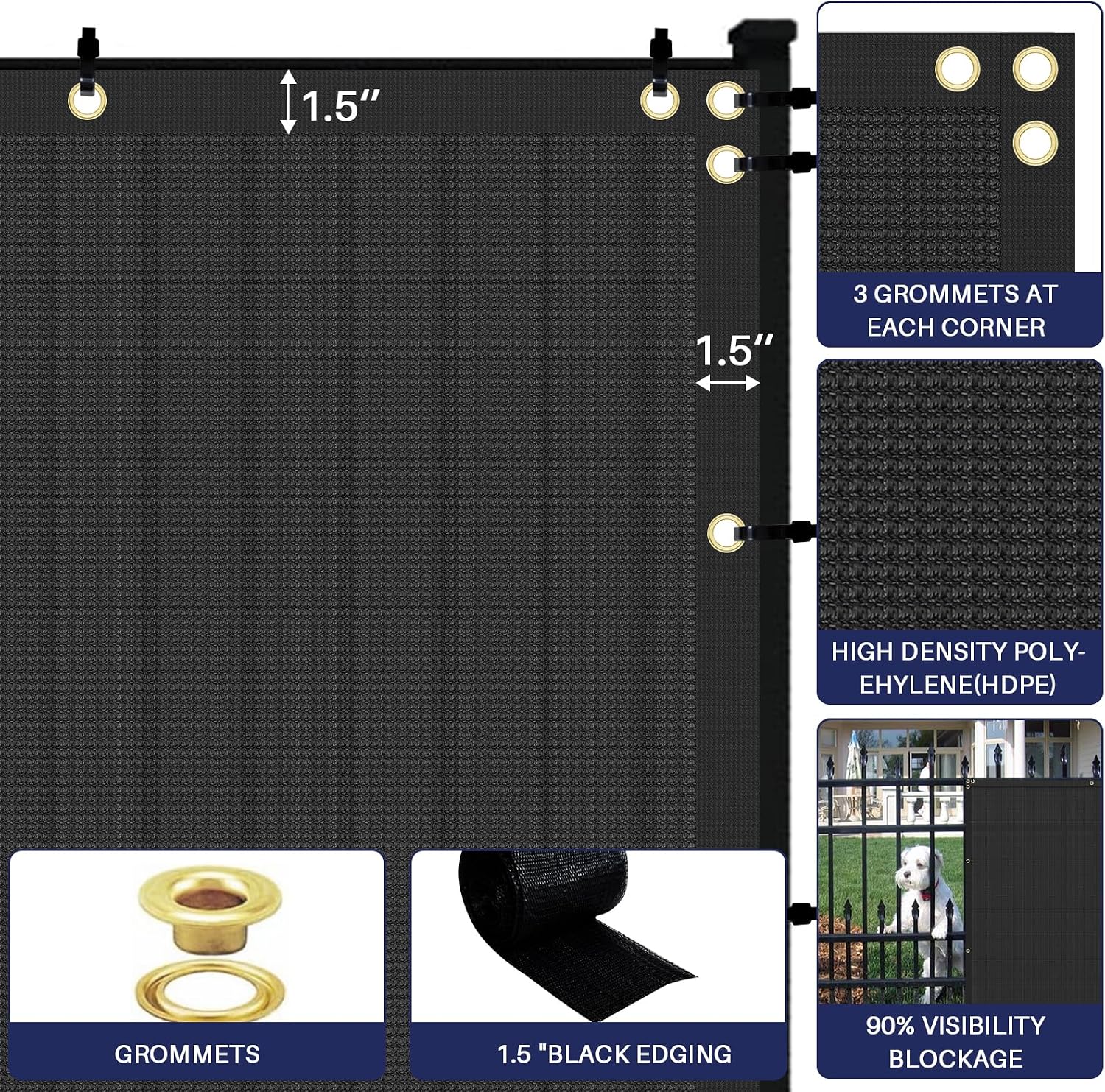 WINDSCREEN4LESS 6' x 30' Privacy Fence Screen in Black for Chain Link Fence W/ Brass Grommet Windscreen Outdoor Backyard Mesh Fencing Cover Netting 150GSM Fabric W/ Zip Ties - Custom Size