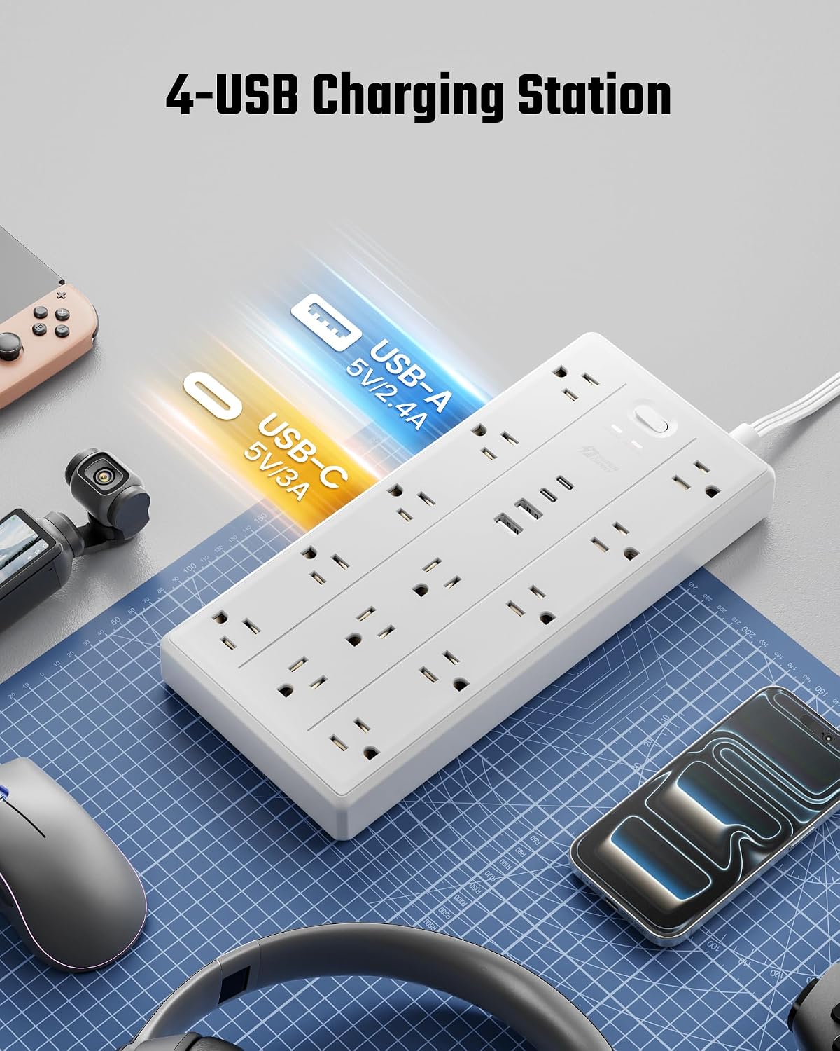 SUPERDANNY 20Ft Extension Cord with Multiple Outlets, Flat Plug Power Strip