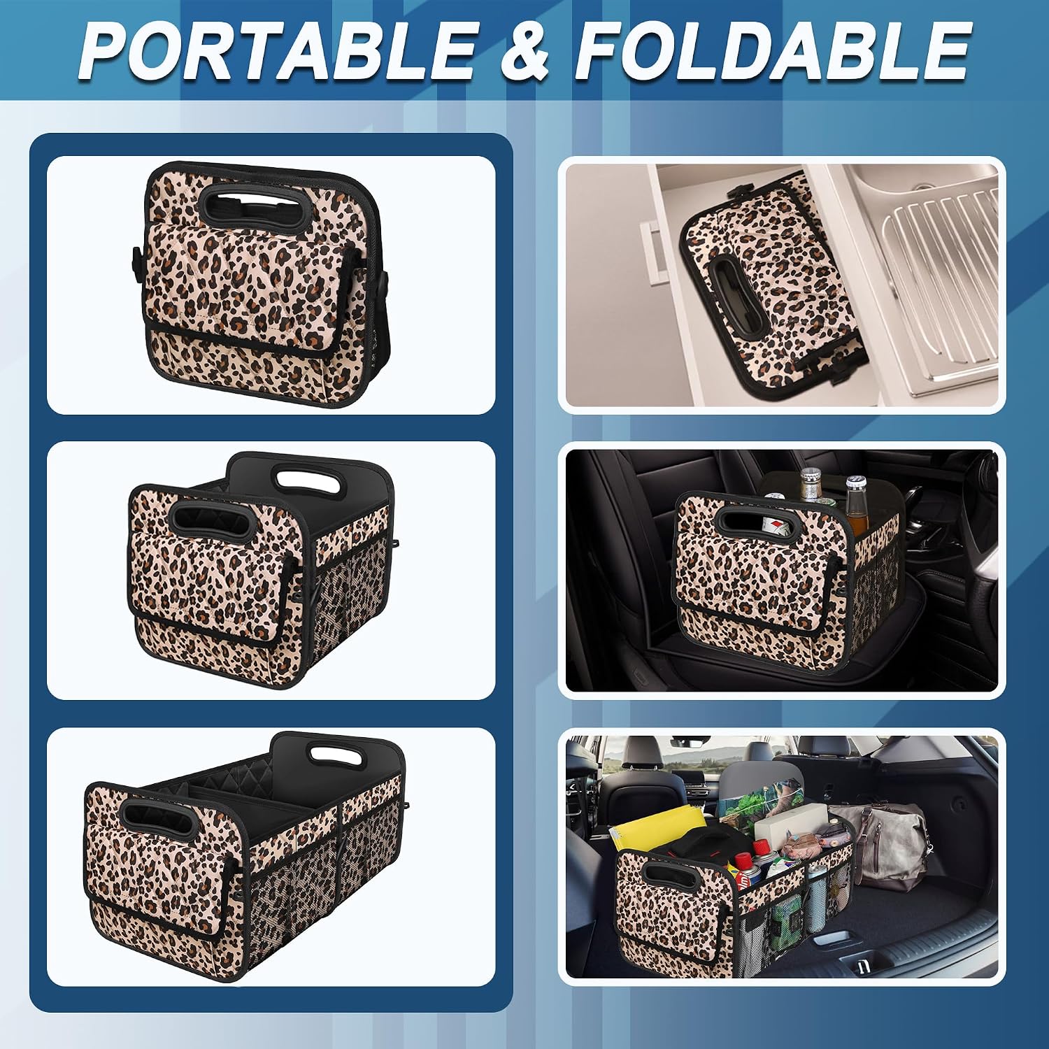 Deosk Trunk Organizer and Storage with Reinforced Handles,Car Accessories for Women/Men 50L Waterproof Polyester Trunk Organzier for Car/SUV/Minivan/Truck(Medium,Leopard print)