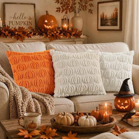 decorUhome Fall Beige Pumpkin Throw Pillow Covers 18x18 Set of 2