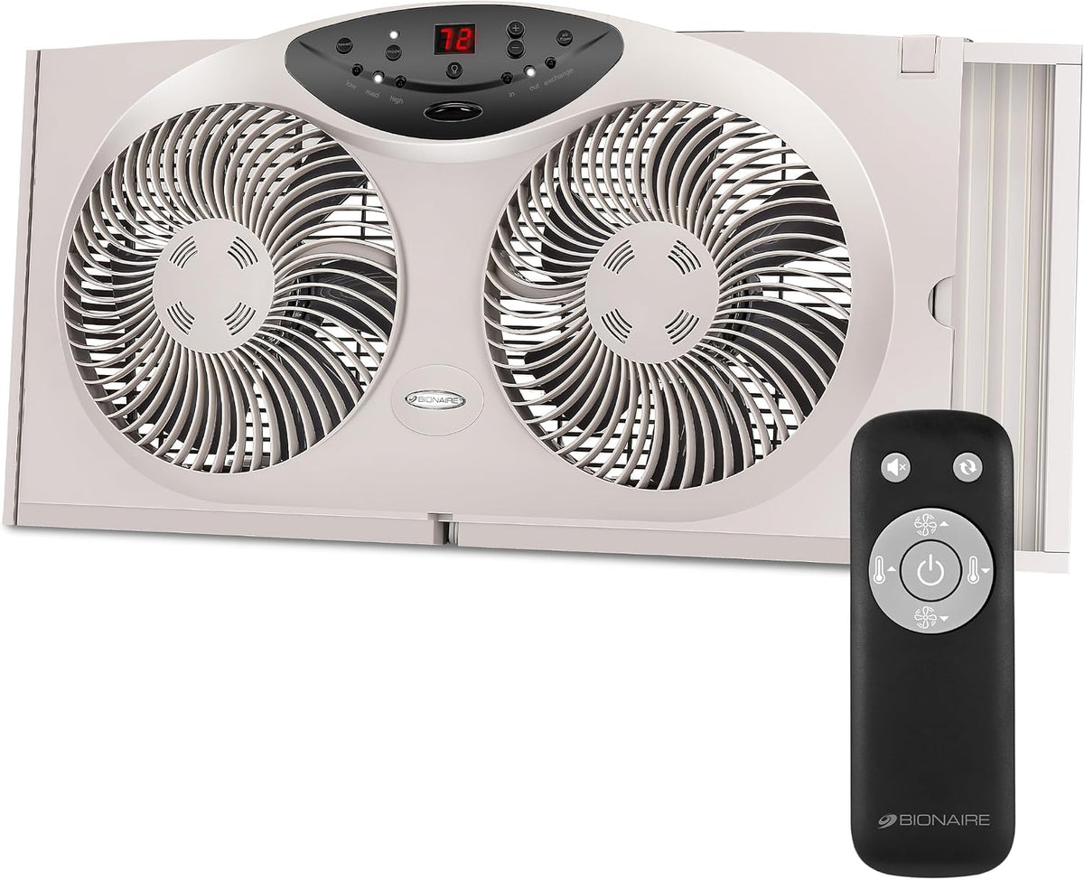 Bionaire Window Fan with Reversible Airflow Blades – 3-Speed Settings, Programmable Thermostat, LED Display, Remote Control, Fits 24–36" Windows, No Assembly Required