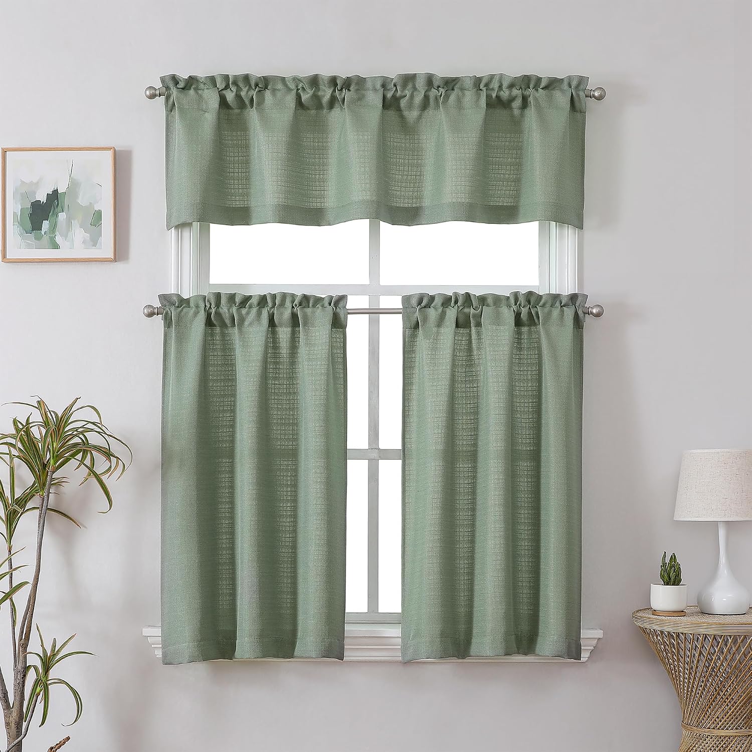 Chyhomenyc Sage Green Valance for Windows, Faux Linen Slub Textured Semi Sheer Small Window Valance Curtain for Kitchen Bathroom Cafe Laundry Basement, 30Wx14L inch, 2 Piece
