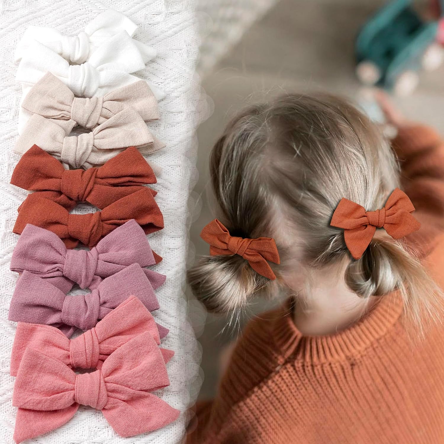 CÉLLOT Girls Hair Bows Linen Fabric 3.5" Bows Alligator Clips for Toddlers