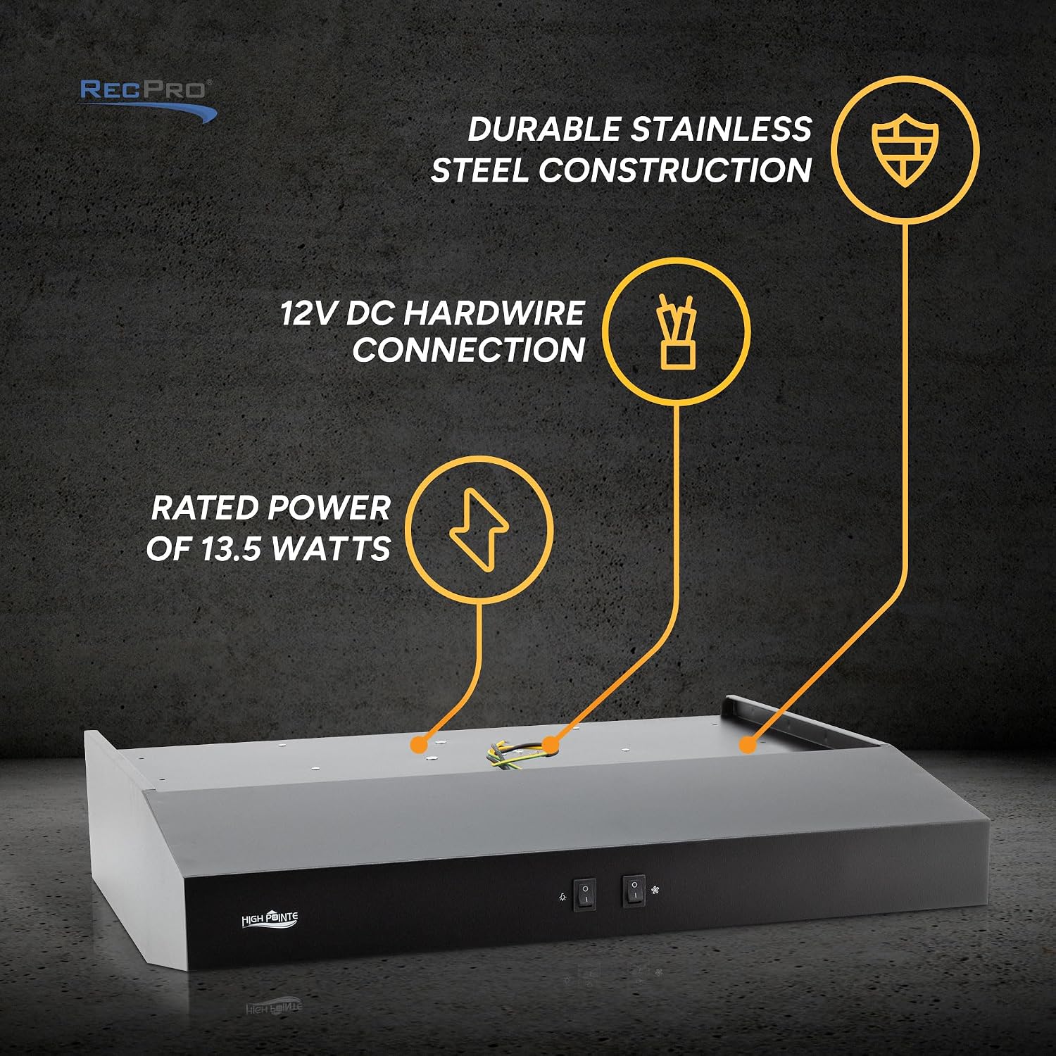 High Pointe 12V Range Hood Stainless Steel Black Finish 22"