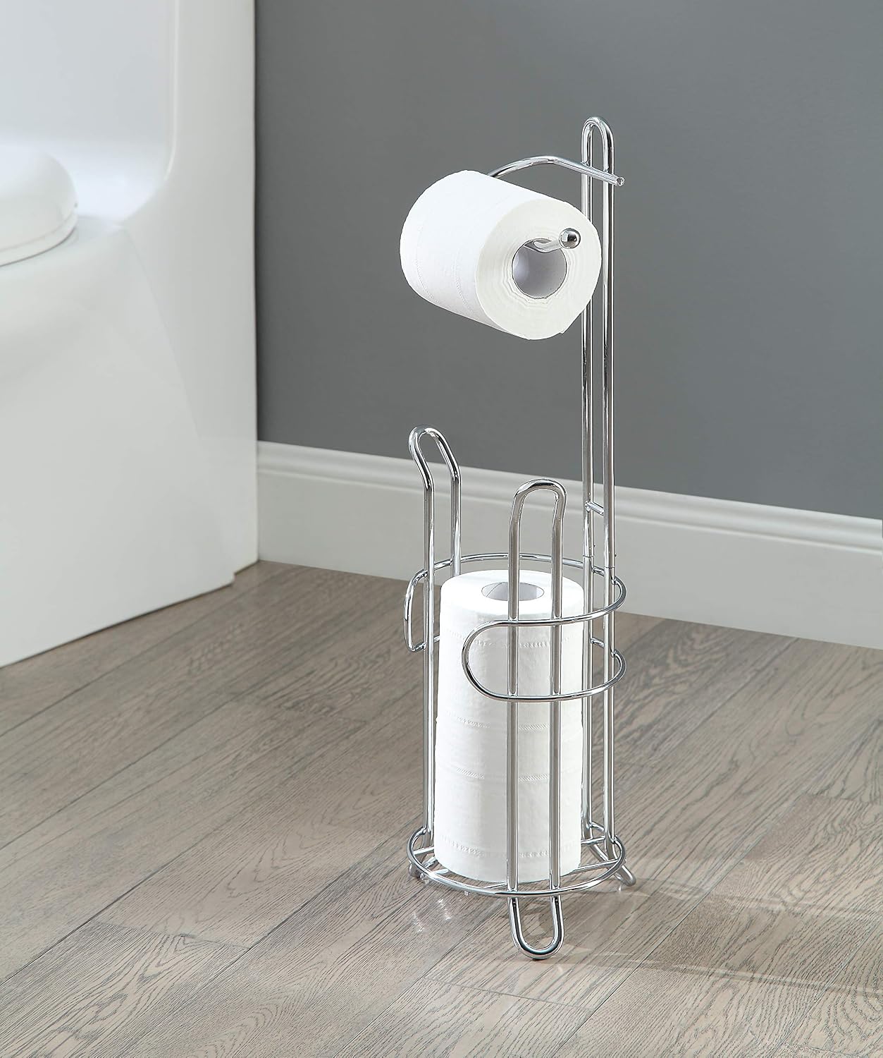 SunnyPoint Freestanding Toilet Paper Holder with Storage – Holds 3 Spare Rolls, Heavy-Duty Steel, Chrome Finish, Easy Assembly, Space-Saving Bathroom Organizer