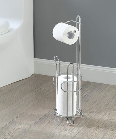 SunnyPoint Freestanding Toilet Paper Holder with Storage – Holds 3 Spare Rolls, Heavy-Duty Steel, Chrome Finish, Easy Assembly, Space-Saving Bathroom Organizer