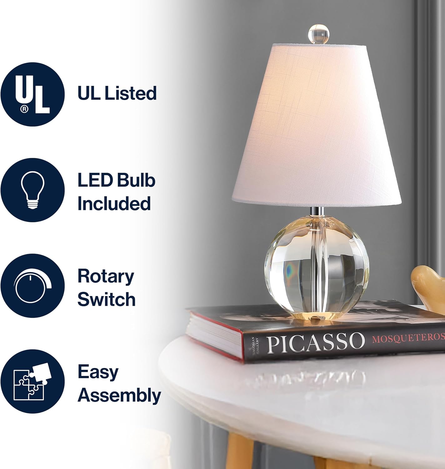 JONATHAN Y Goddard 16" Crystal Ball Orb Metal LED Table Lamp, Clear