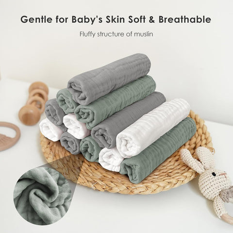 Sunny zzzZZ Muslin Burp Cloths for Baby 100% Cotton Burping Cloths for Unisex, Boy, Girl - Large 20'' by 10'' Newborn Essentials Ultra Soft Absorbent Milk Spit Up Rags - 12 Pack - White+Green+Grey