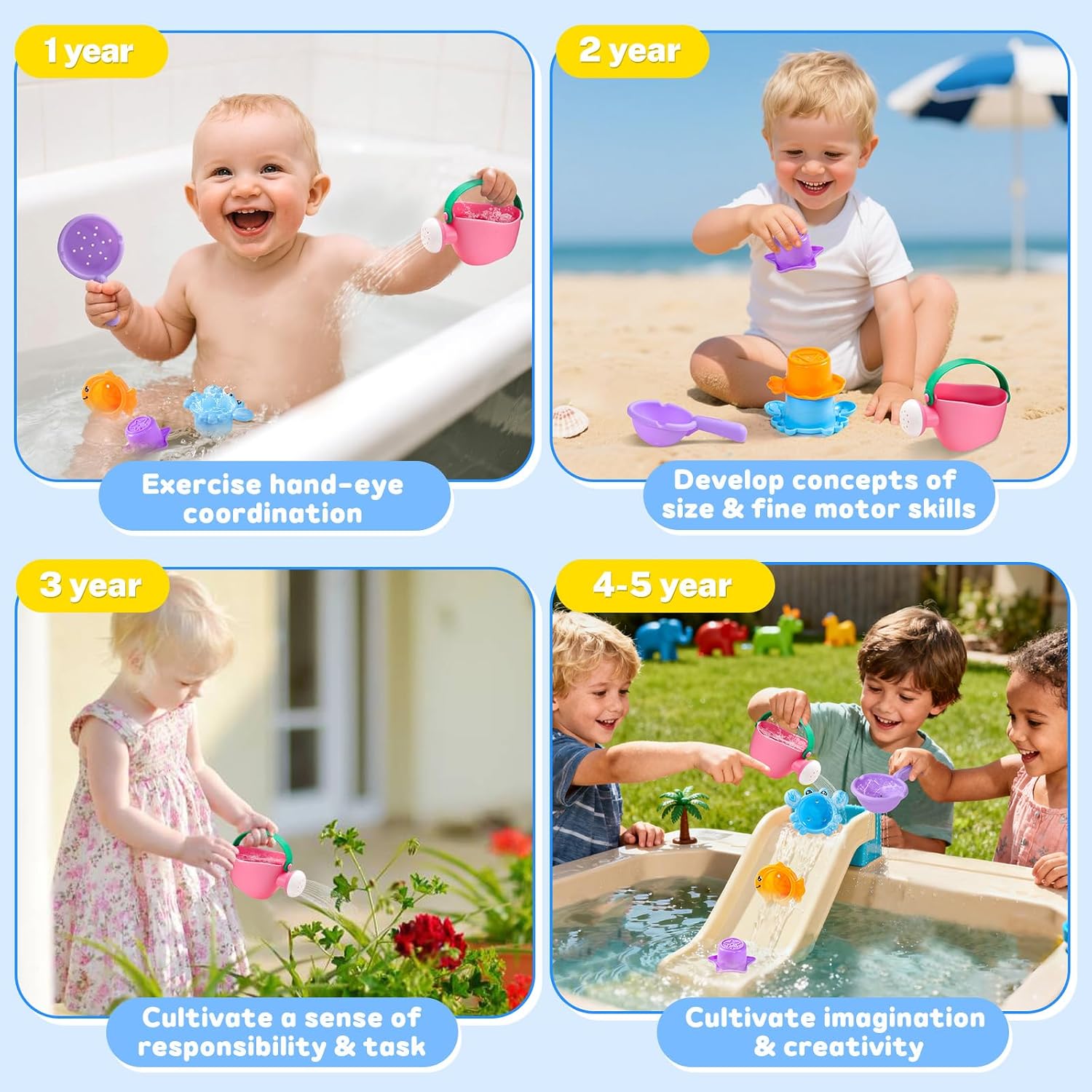 Fajiabao Toddler Bath Toys for Kids Ages 1-3 Stack, Scoop & Pour Set 5PCS