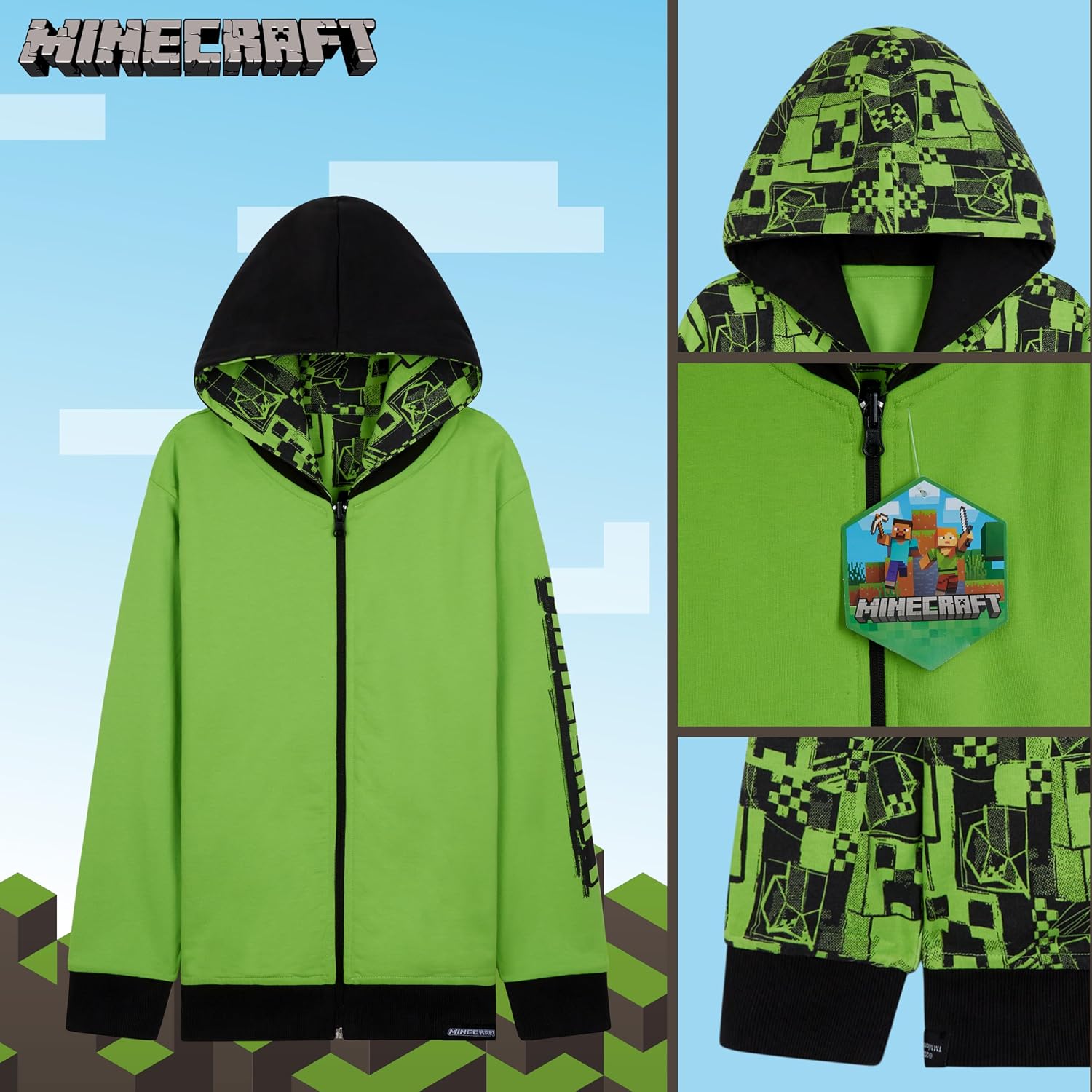 Minecraft Boys Hoodies - Reversible Hooded Sweatshirt for Kids Teenagers 5-14 Years Warm Zip up Hoodie Gamers Gifts