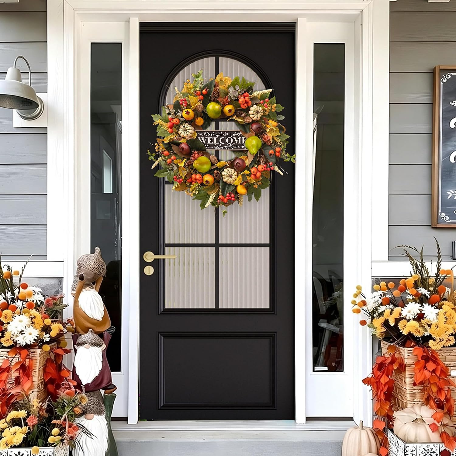 24 Inch Fall Wreaths for Front Door, Autumn Harvest Wreath with Pears