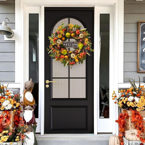 24 Inch Fall Wreaths for Front Door, Autumn Harvest Wreath with Pears