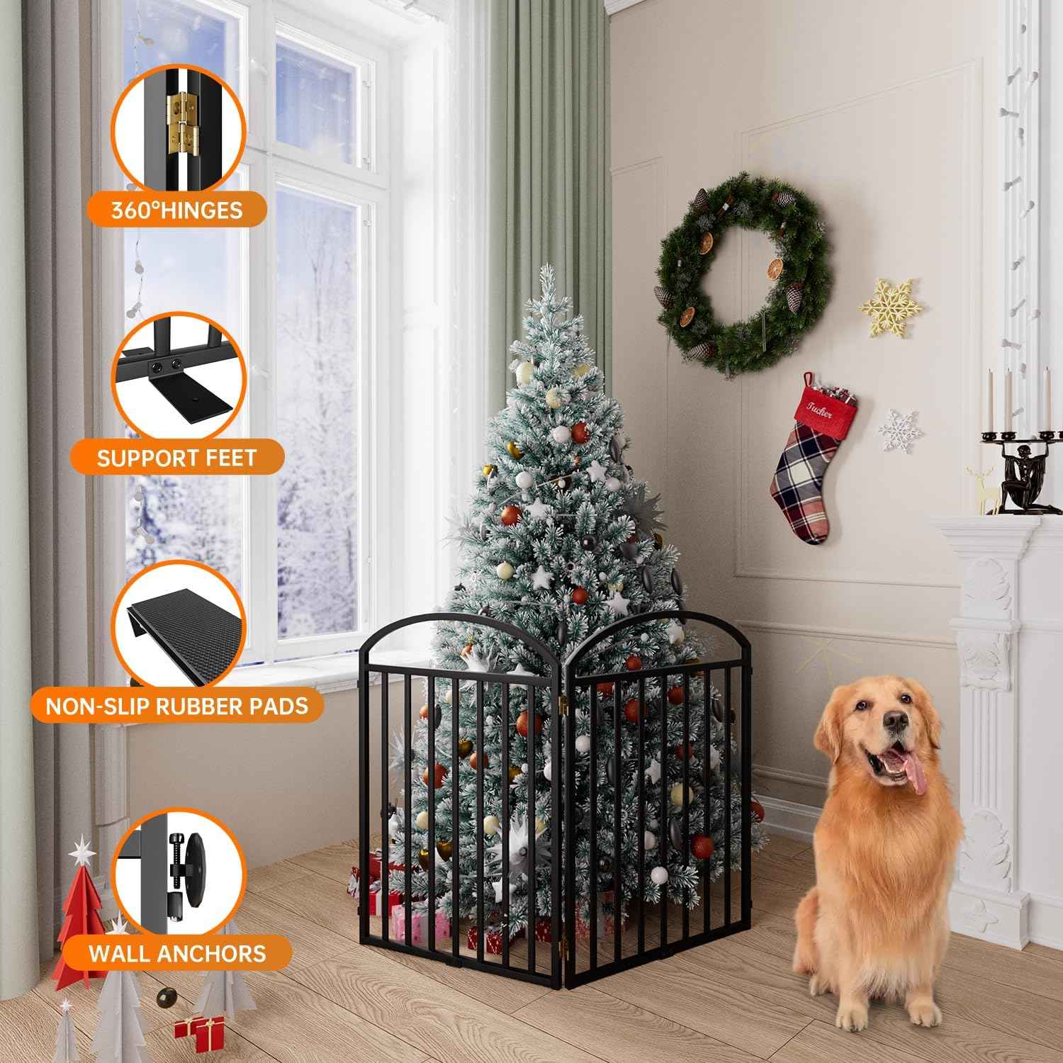 SNUOWU 2 Panels Full Matel Freestanding Dog Gates, 48" Extra Wide 32" Tall Free Standing Dog Pet Gate for Indoor & Outdoor. Foldable Pet Fences for Doorways, House, Stairs, Porch, Deck, Yard