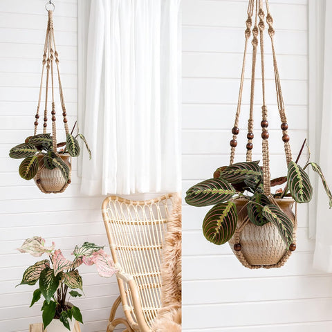 Mkono Macrame Plant Hanger Indoor 35 Inch Hanging Planter Basket Brown 3Pcs