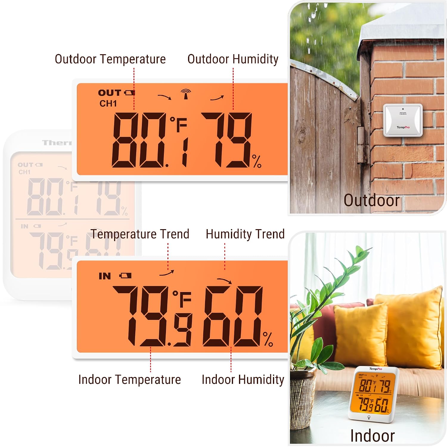 TempPro TempAir 500 FT Indoor Outdoor Thermometer Wireless & Remote Sensor