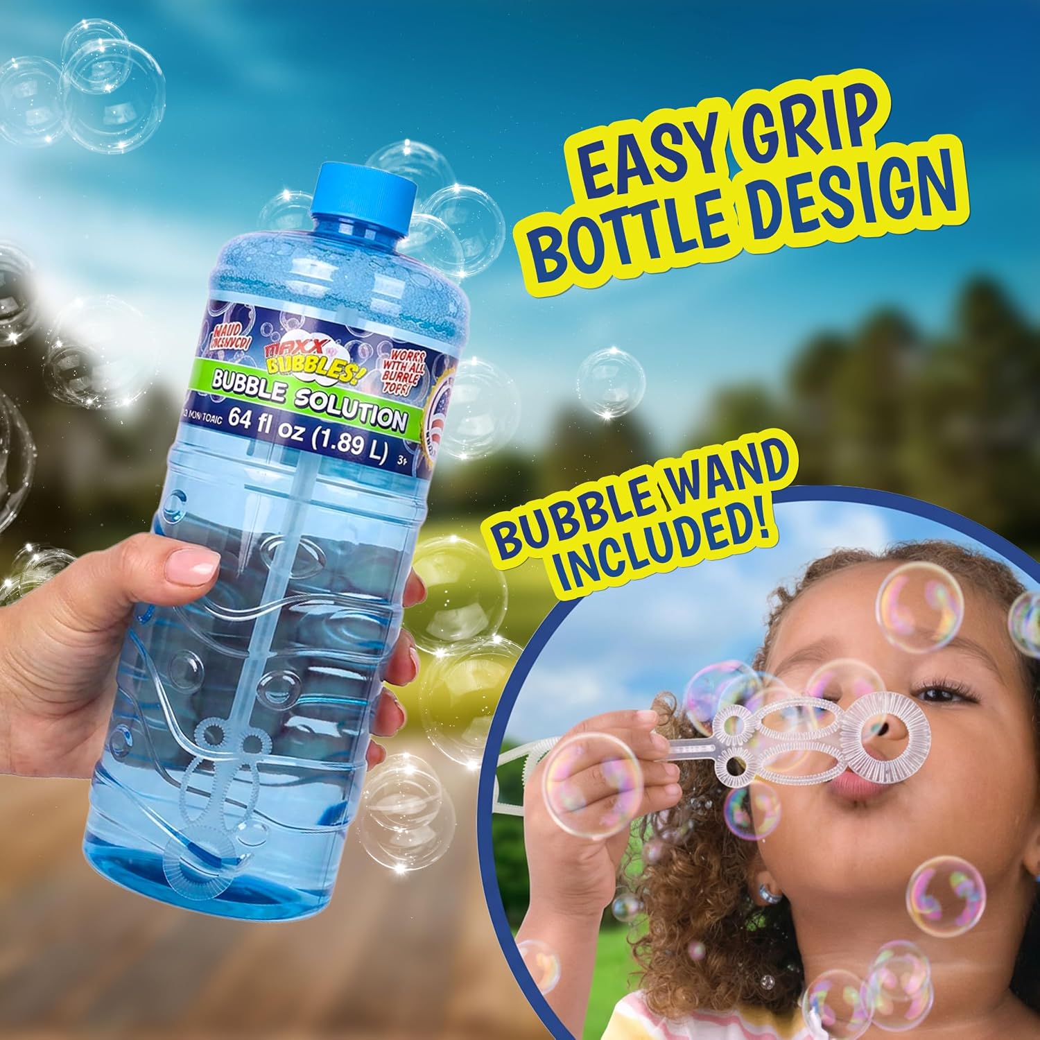 Made in USA Bubble Solution Refill with Wand 64oz Non Toxic Dye Free (1/2 Gallon), Kids Easy Grip Bottle Refill for Bubble Machine, Bubble Wands, Bubble Toys, Blue Bottle