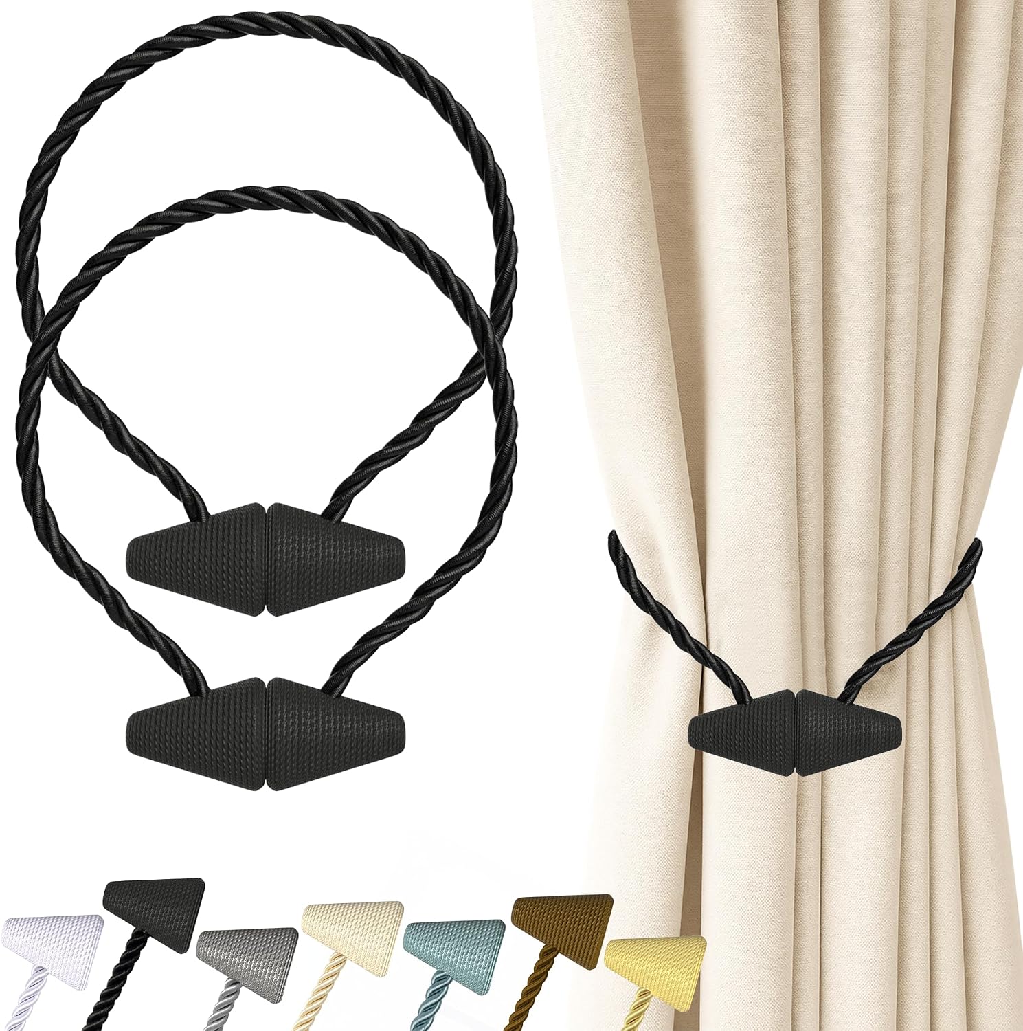 Hion Magnetic Curtain Tiebacks Black 2pcs, Curtain Holdbacks Hooks Holders