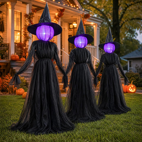 Dazzle Bright Halloween Witch Decorations Outdoor, Set of 3 Light Up Head Holding Hands Witch with Stakes, Waterproof Witch Decor for Garden Yard Lawn Haunted House Decor