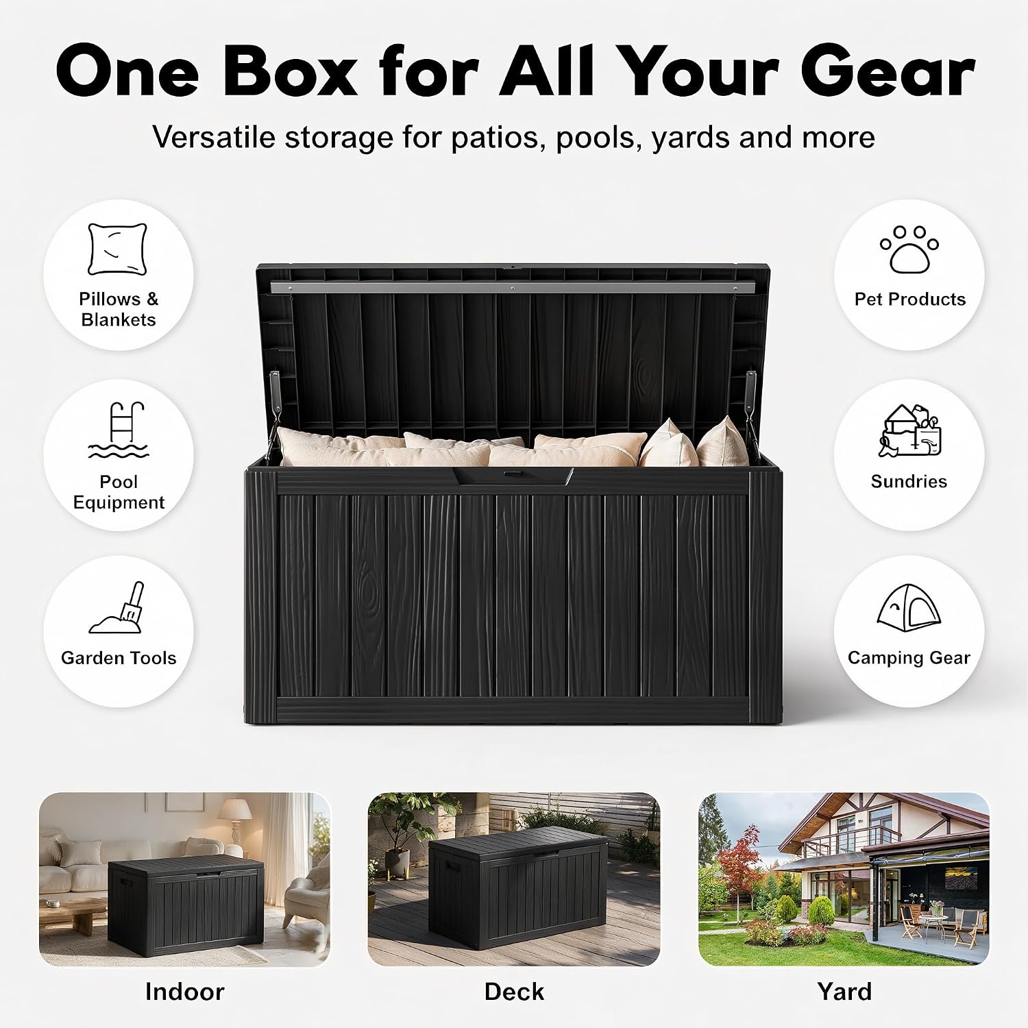 90 Gal Deck Box,Waterproof Resin Outdoor Storage Gas Lift,Lockable Black
