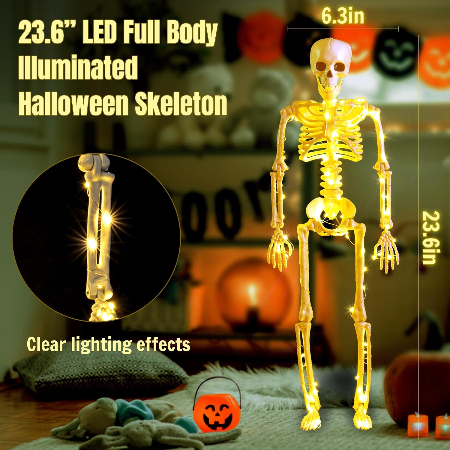 2 Pack 24 Inches Halloween Skeleton, LED Light Up Pose-N-Stay Halloween Skeleton Full Body Posable Movable Jonints for Halloween Decoration