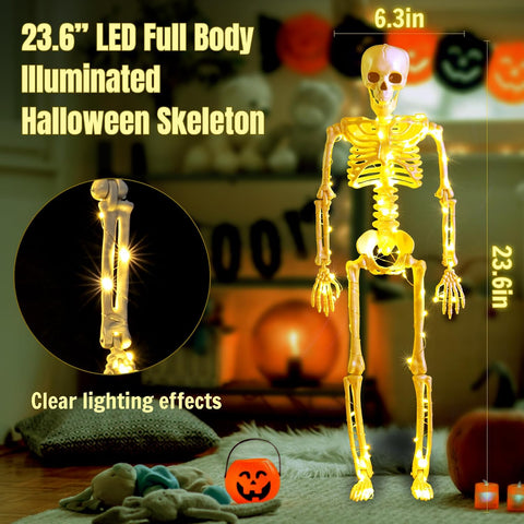 2 Pack 24 Inches Halloween Skeleton, LED Light Up Pose-N-Stay Halloween Skeleton Full Body Posable Movable Jonints for Halloween Decoration