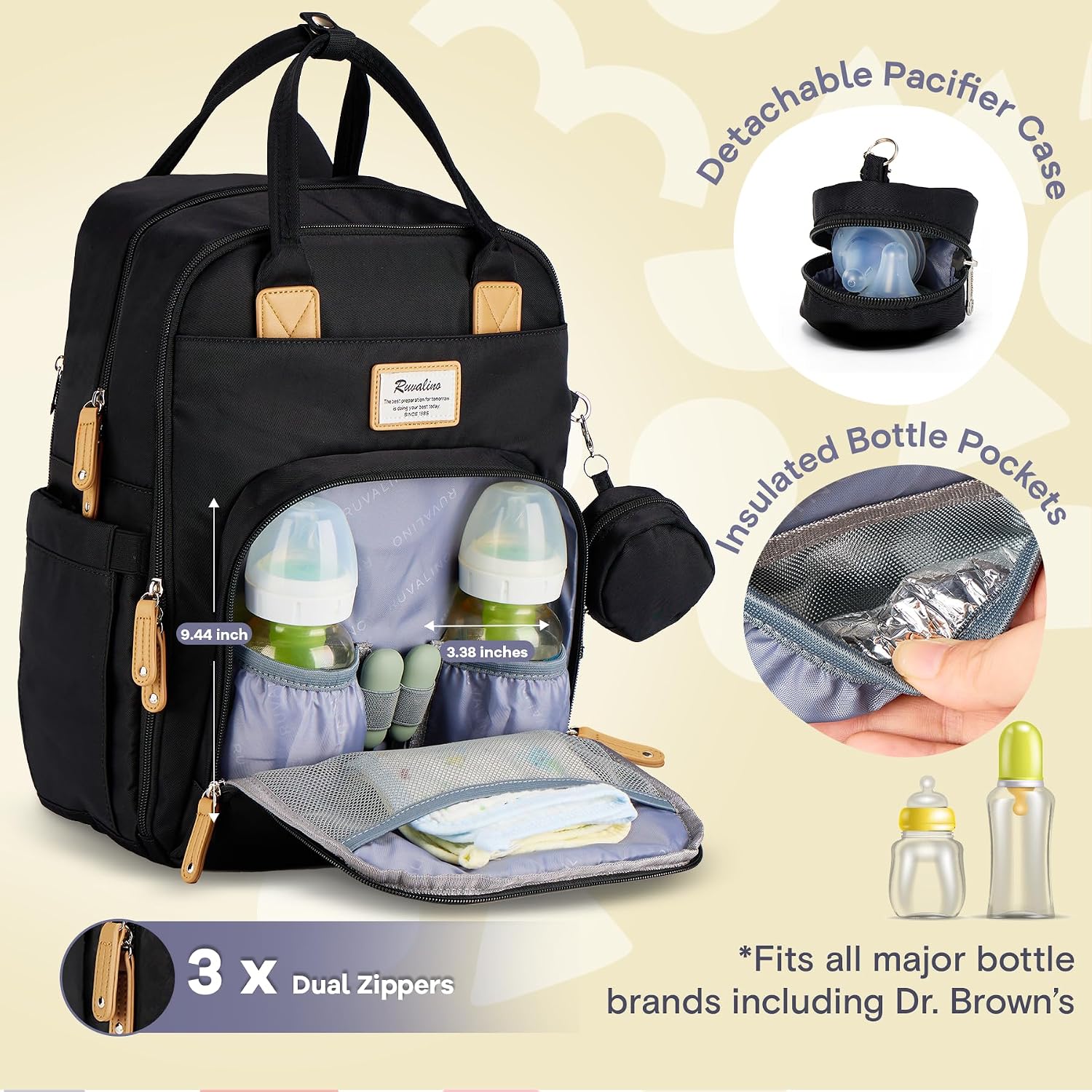 RUVALINO Baby Diaper Bag Backpack with Changing Pad, Waterproof, XL Black